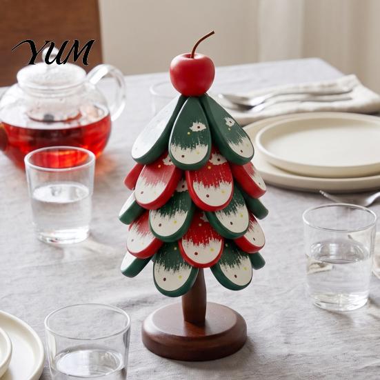 Durable Table Mat Christmas Tree Wooden Trivets, Pine Wood Potholders with Storage Stand, Festive Restaurant Accessory Heat Resistant Foldable