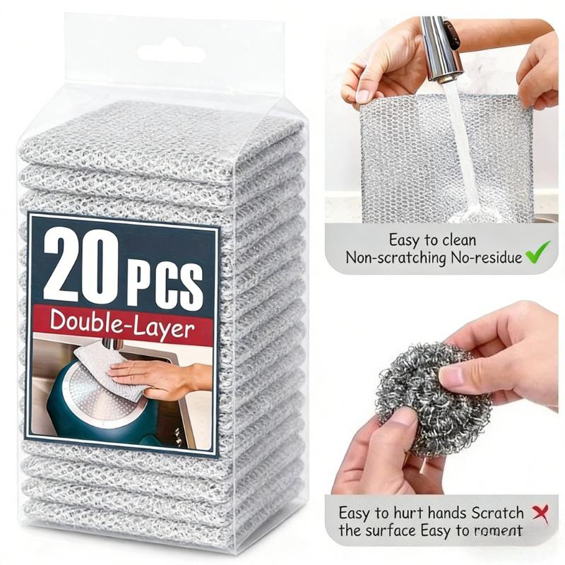 Double Layer Steel Wire Cleaning Cloth Scratch Free Microfiber Mesh Dish Towel Multipurpose Washing Kitchen Pots Pans Cleaner