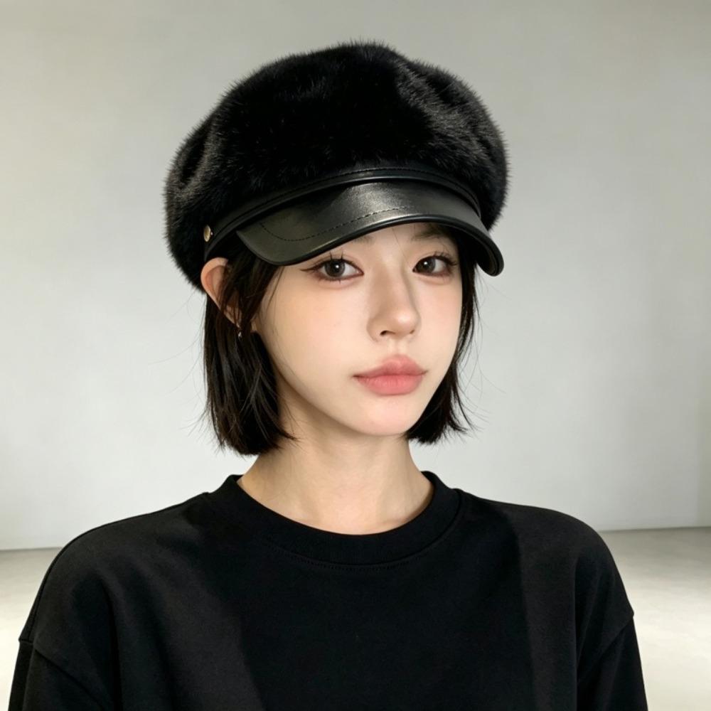 PU Brim Newsboy Cap Adjustable Navy Hat Soft Touch Beret Cap Winter Daily