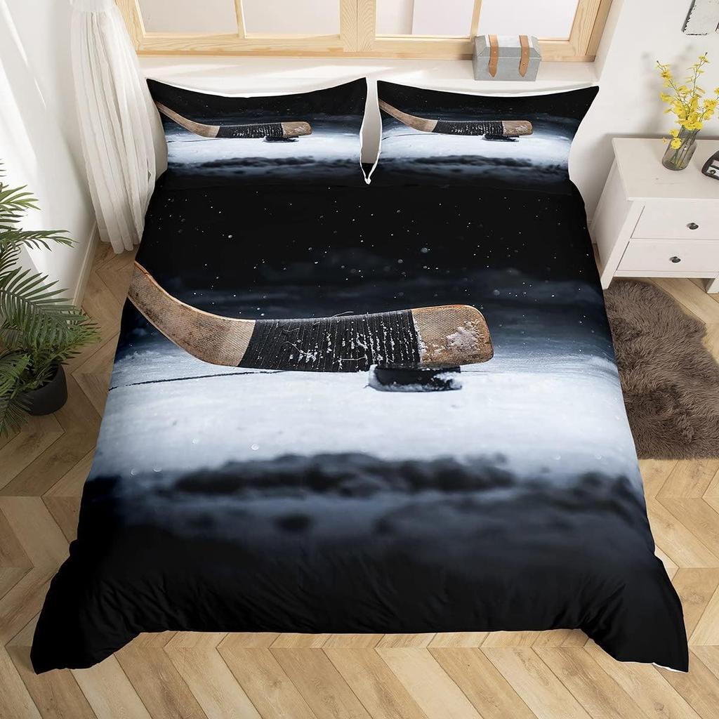Ice Hockey Duvet Cover Twin Queen for Kids Boys Girl Young Man Winter Ice Sports Games Comforter Cover Helmet Skates Bedding Set