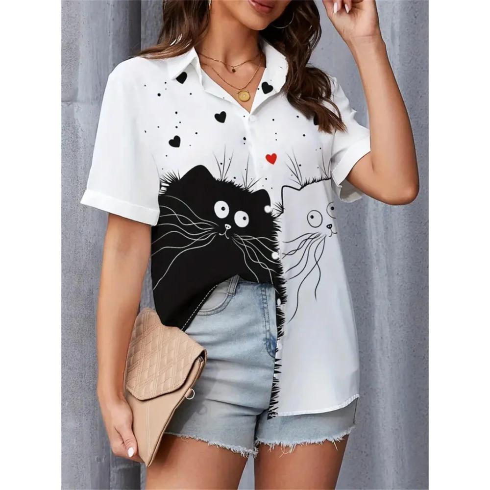 Summer 2025 Women Shirts Lapel Short Sleeve Abstract Cartoon Portrait Prints Blouses Fashion Casual Cute Cat Print Shirts Tops