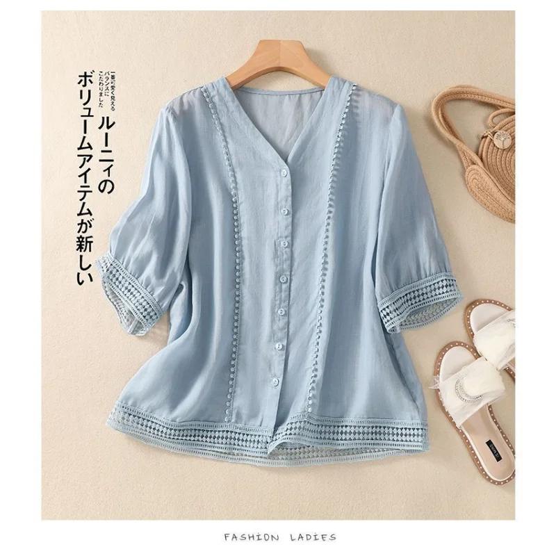 Women's White V-Neck Half-Sleeve Blouse Lace Trim Button Front Loose Casual Chiffon Shirt