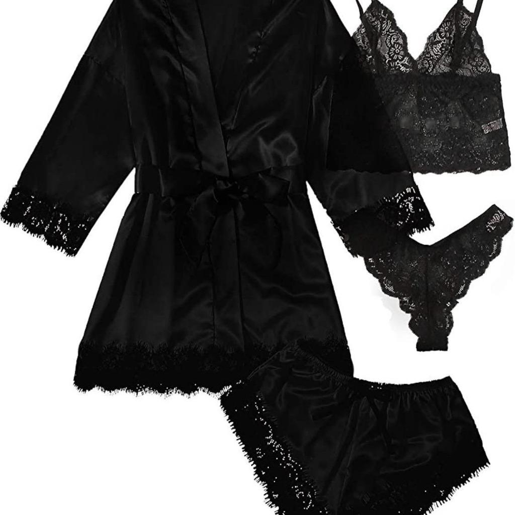 European & American Lace Satin Women's 4-Piece Pajama Set - Sexy, Seductive Nightgown & Robe