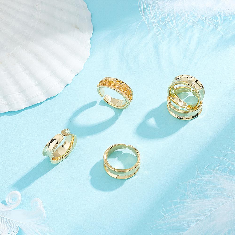 5Pcs Brass Wave Open Cuff Ring for Women, Light Gold, US Size 5 1/4(15.9mm)