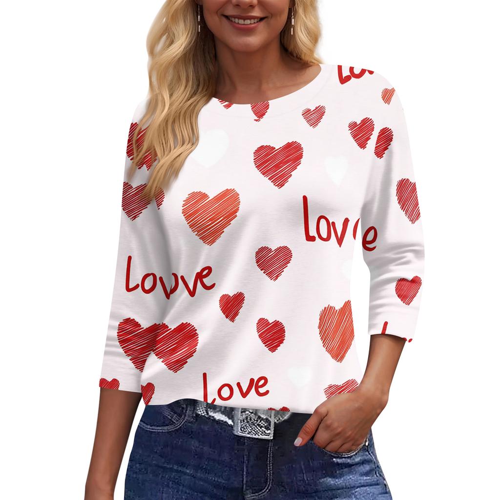 Women's Fashionable Casual Three-quarter Sleeve Valentine's Day Printed Round Neck Top