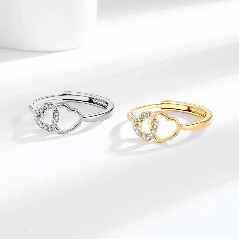 Double Heart Shape Ring for Women with Micro-Paved Diamonds – Elegant, Light Luxury Index Finger Jewelry