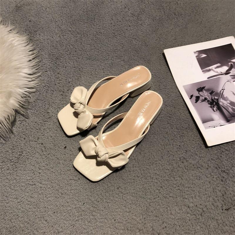 Fashion Shoes Square heel Rubber Flip Flops Woman's Slippers Low Slides Butterfly-Knot Block Hawaiian 2025 Summer Hoof Heels Rome PU Sca