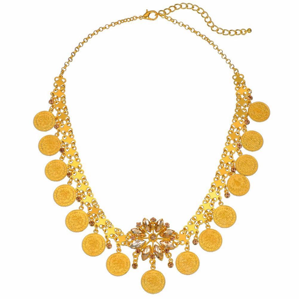 Indische Braut-Kopfkette Goldfarbene Legierung Strass Kristall Blume Münze Quaste Stirnband Kopfschmuck Damen Hochzeitsaccessoires