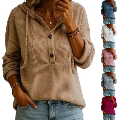 Women's Color V-Neck Long Sleeve Hooded Button Front Casual Top