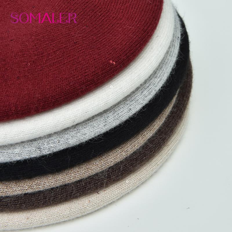 SOMALER Winter Beret For Women Autumn Wool Knit Beret Hats With Sequins Warm Double Layer Classic Frech Style Beret Cap