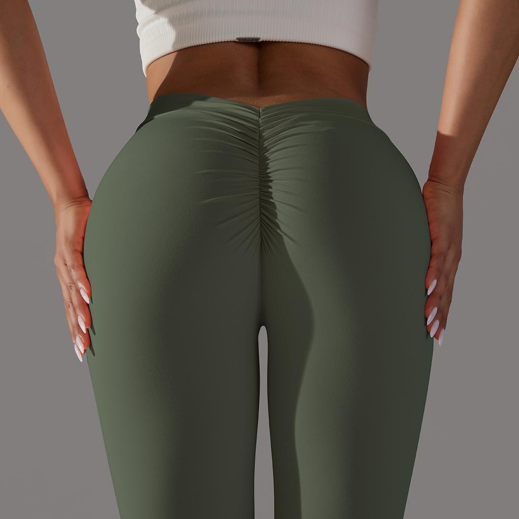 Brushed V-waist Pleated Solid Color Peach Hip Yoga Pants For Sports, Running, Fitness, Tight Fitting Cropped Pants