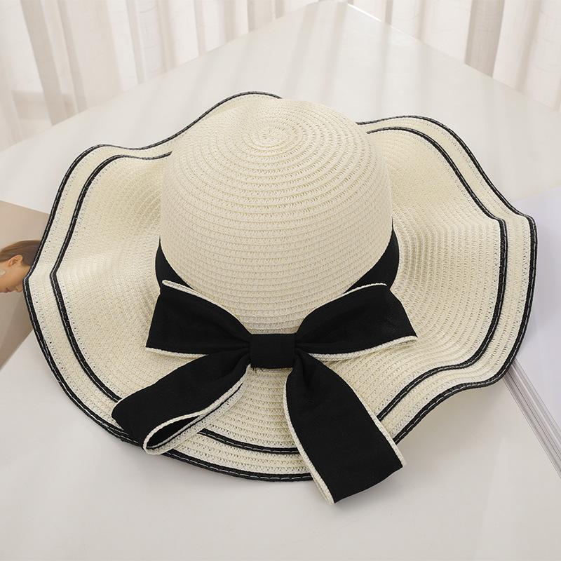 New Women's Summer UV Protection Sweet Ribbon Seaside Vacation Sunshade Bucket Hat Bow Large Brim Straw Hat