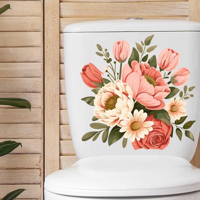 Elegante Roze Bloemen Toiletstickers, Waterdichte Verwijderbare Zelfklevende Decals voor Badkamer Wanddecoratie