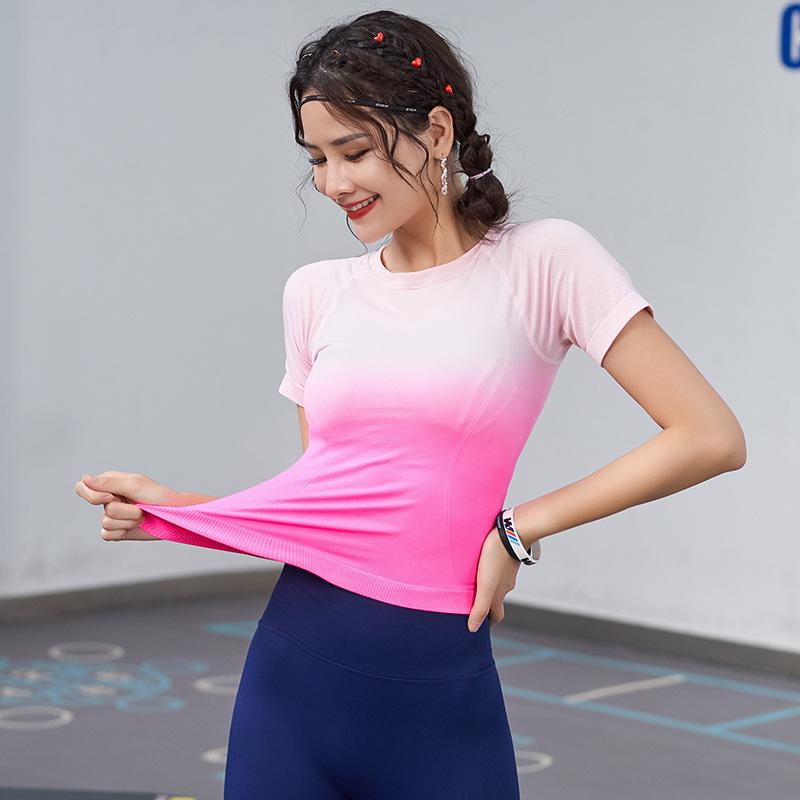 

Женский градиентный быстросохнущий топ с коротким рукавом для йоги и бега, слим-фит S (for 85-95 jin)