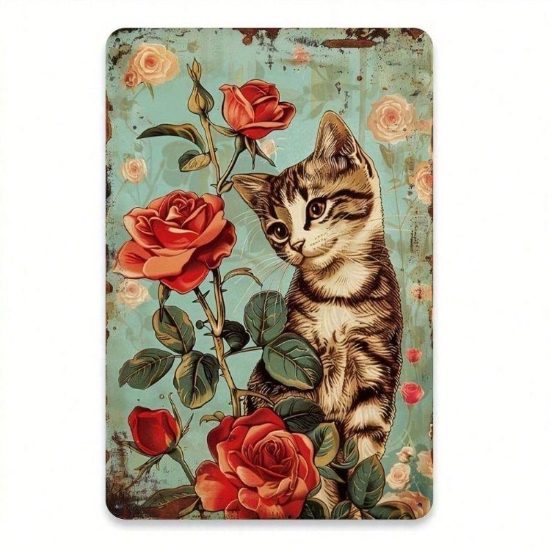 

Metal Wall Art Vintage Cat Flower Decor for Living Room 8x12 Inch