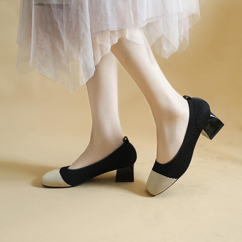 High Heels for Women 2025 New Square Headneck Solid Color All-match Single Shoes Slip On Breathable Knit Women Work Shoes