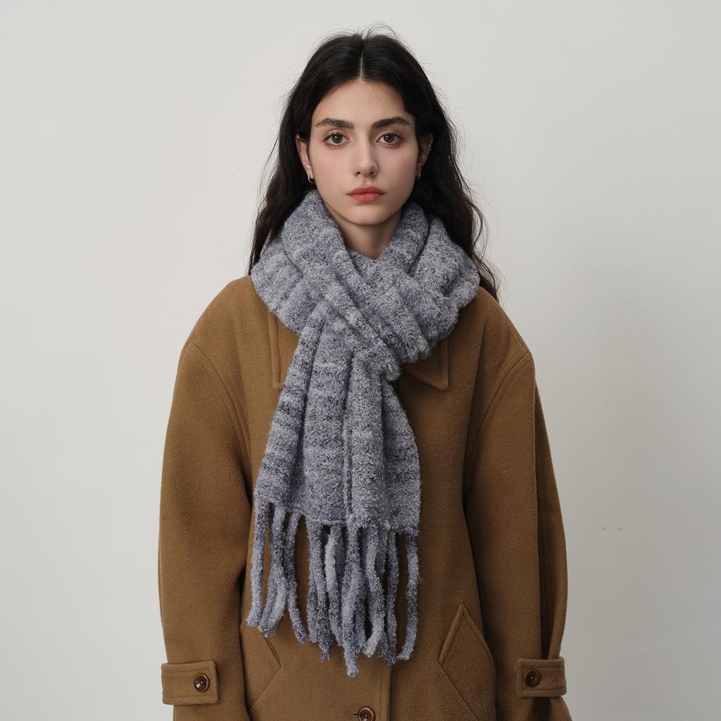 Homemade glacier blue with wool tassel solid color knitted scarf women's winter warm atmosphere soft shawl scarf