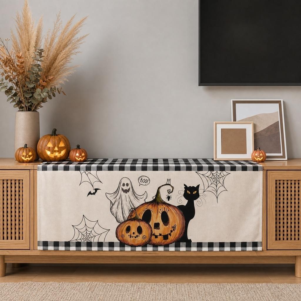 Linen Table Runner with Pumpkin and Cat Print for Fireplace TV Stand Dining Table Coffee Table 183x33cm Halloween Theme