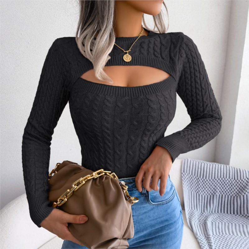 New Autumn and Winter Women's Fashion Hollow Out Fried Dough Twists Long Sleeve Sweater Round Neck Solid Fit Women's Wear