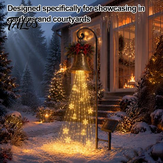 Decorative Lawn Bells for Christmas Solar Bell Waterfall Light, LED Metal Garden Stake with Red Ribbon, Powered Yard Accents Auto On/Off, Waterproof