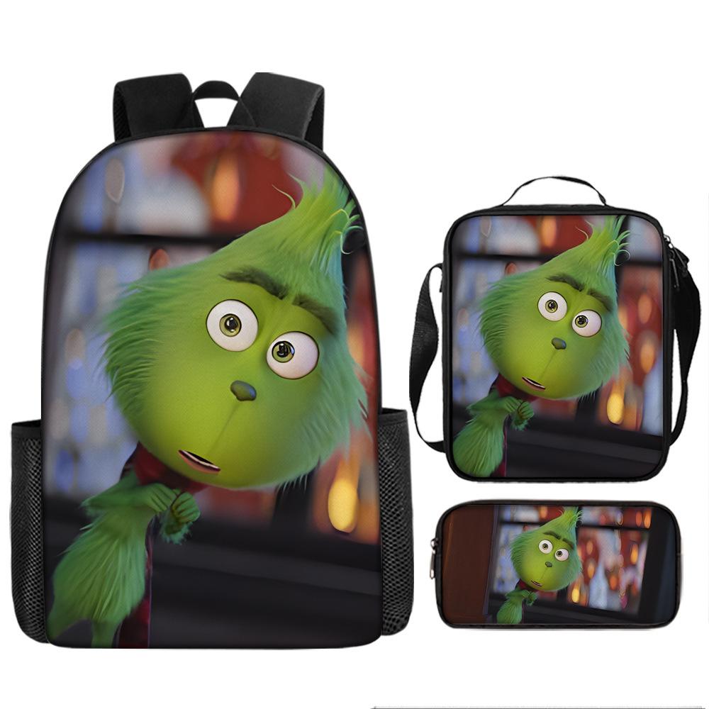 Green Hair Monster Grinch School Bag Campus 12345th and 6th Grade Backpack Lightweight Weight Loss Computer Bag Three-piece Set