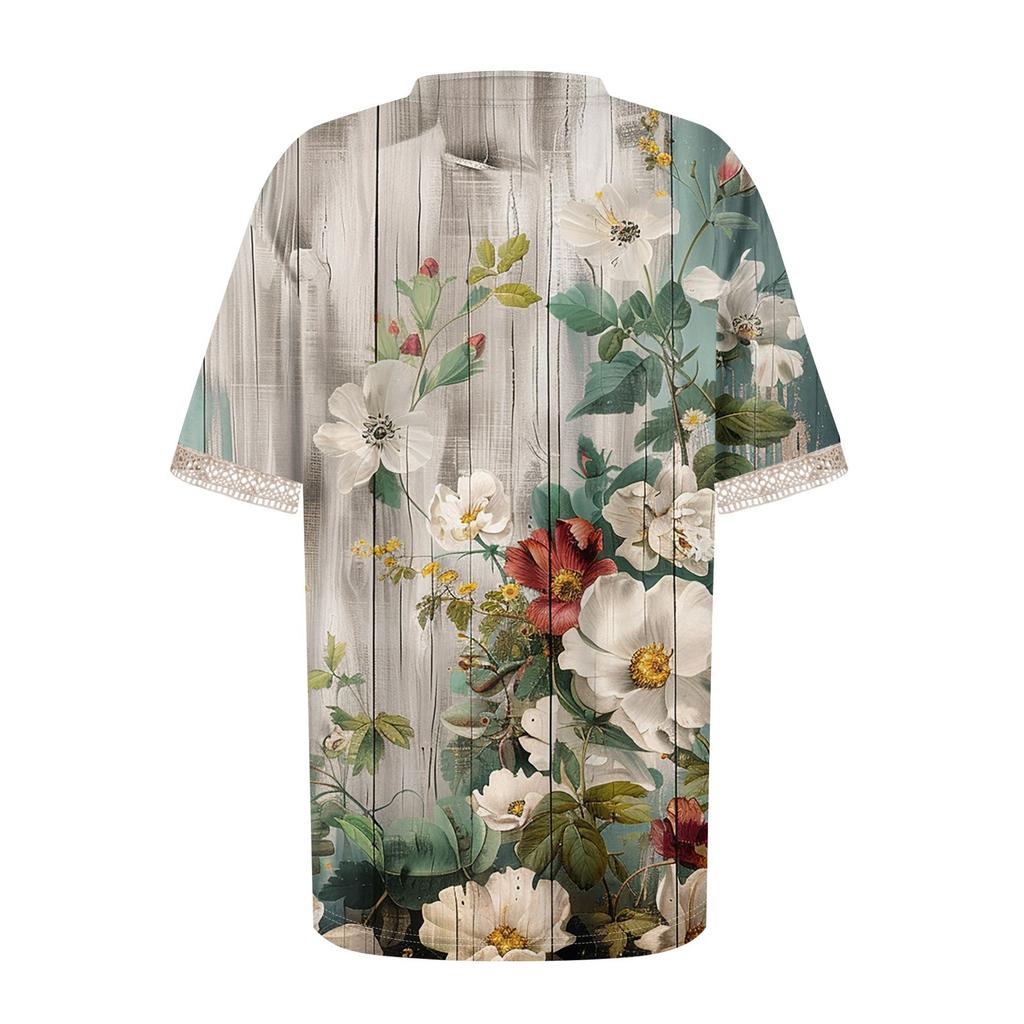 Women's Top Loose Casual V-Neck Lace Sleeve T-Shirt Short Sleeve Floral Print Top