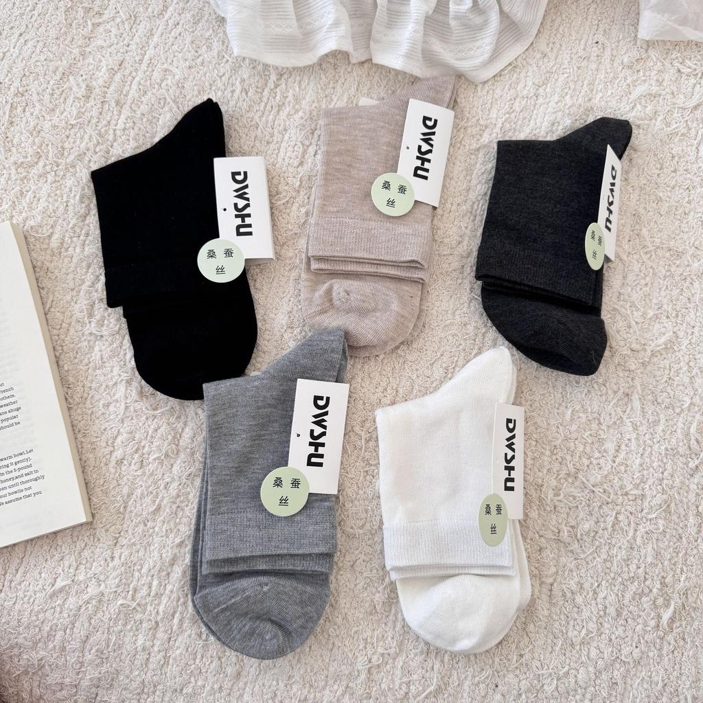 Mulberry Silk Breathable And Boneless Solid Color Simple Mid-Leg Socks Breathable And Sweat-Absorbing Thin Curled Women