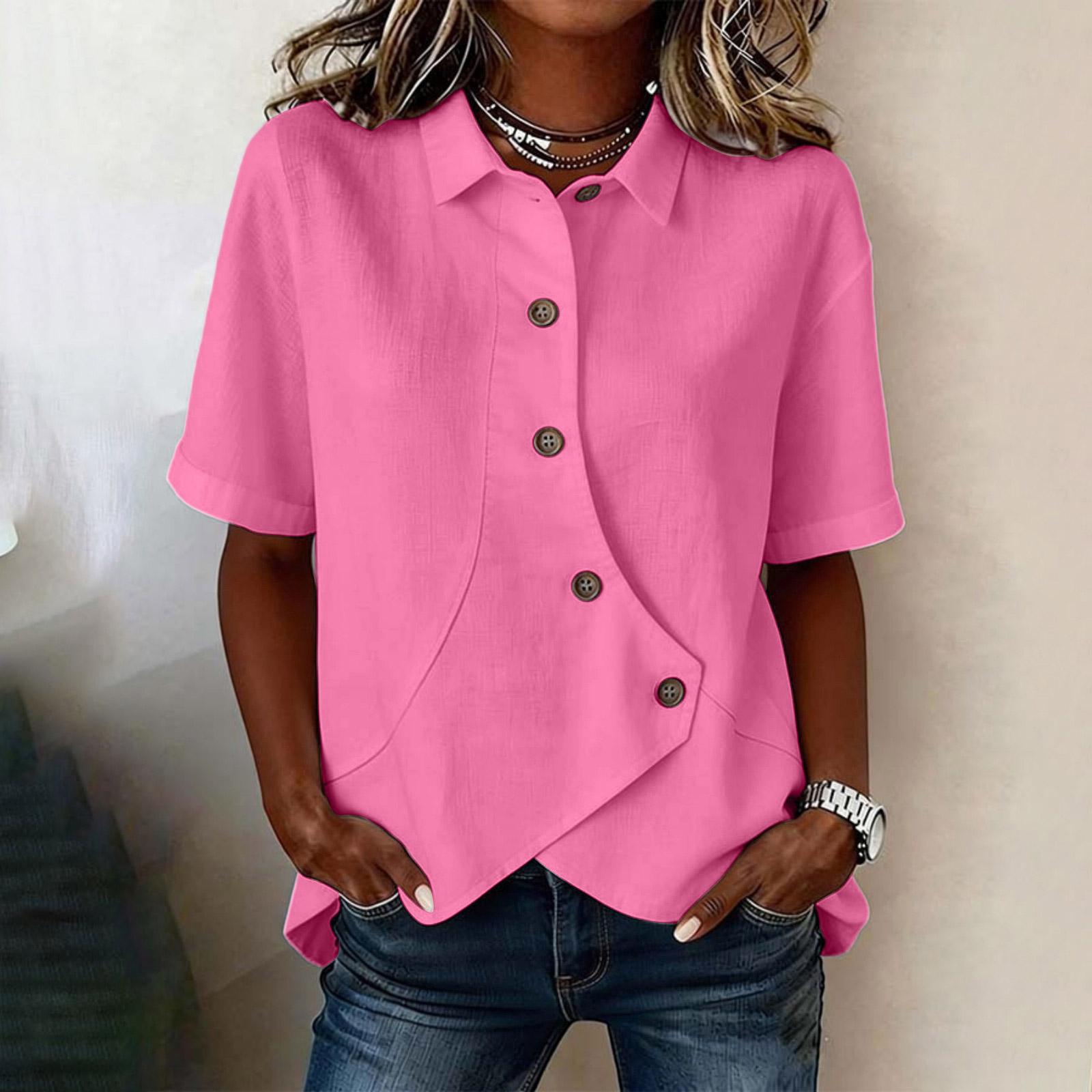 Stylish Round Neck Women s Casual  Button-decorated Cotton Linen T-shirt S розовый
