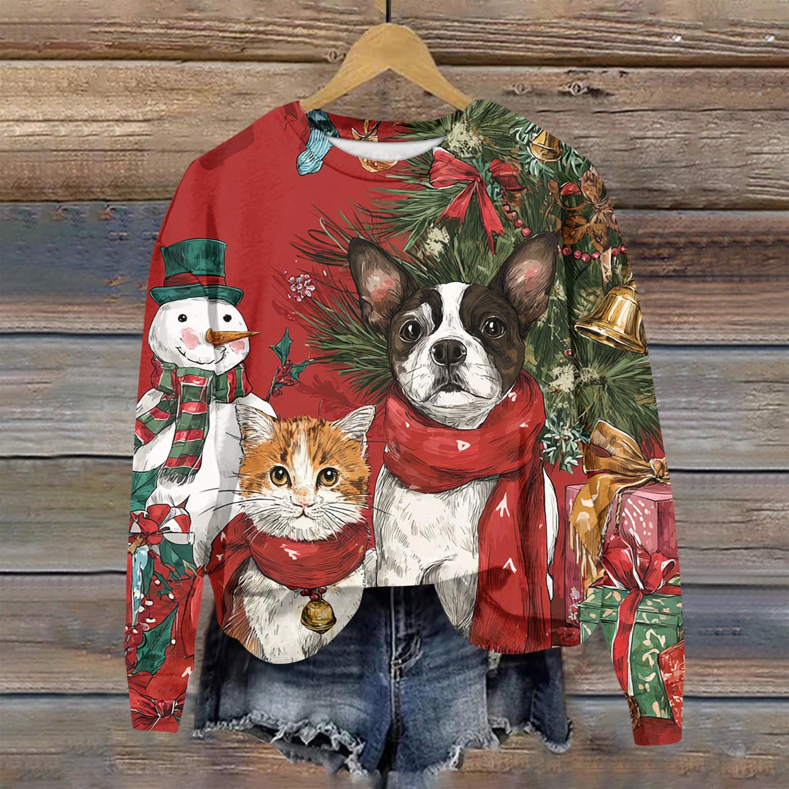 

Женская толстовка с рождественским принтом, с длинным рукавом и круглым вырезом, свободный топ L