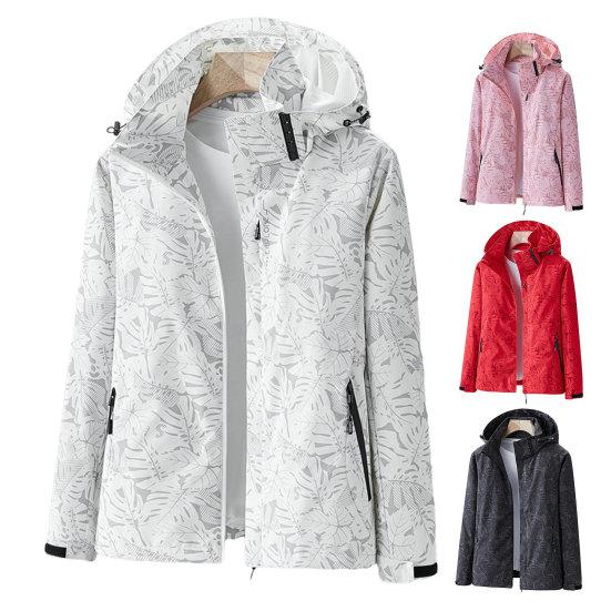 מעיל נשים חיצוני מעיל רוח שכבתי אחת עמיד למים הדפס עלים נושם שרוול ארוך כיסי רוכסן עם ברדס