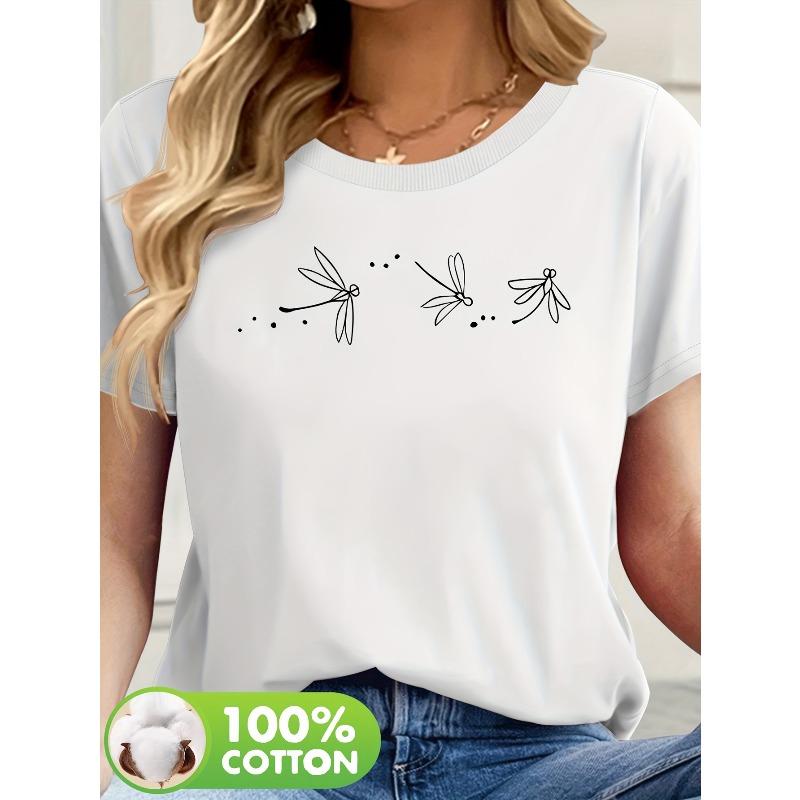 Women Butterfly Dragonfly Print T-Shirt Round Neck Short Sleeve Spring Summer Casual Regular Fit Top