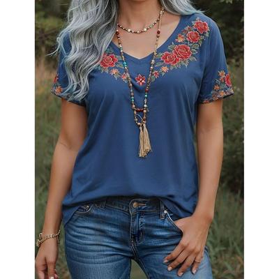 Heiß verkaufte Sommer Damen Tops Retro Blumen Grafikdruck V-Ausschnitt Lässig Kurzärmlig Damenbekleidung