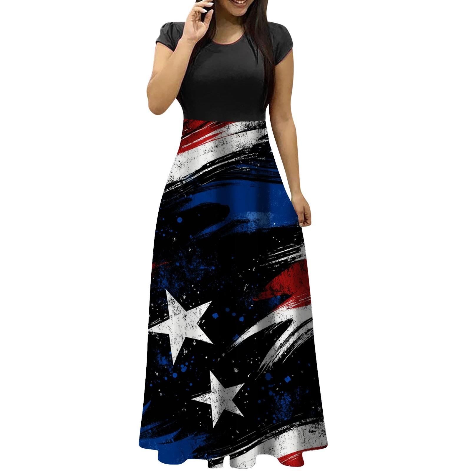 

Женские модные повседневные платья с круглым вырезом и коротким рукавом на День независимости L