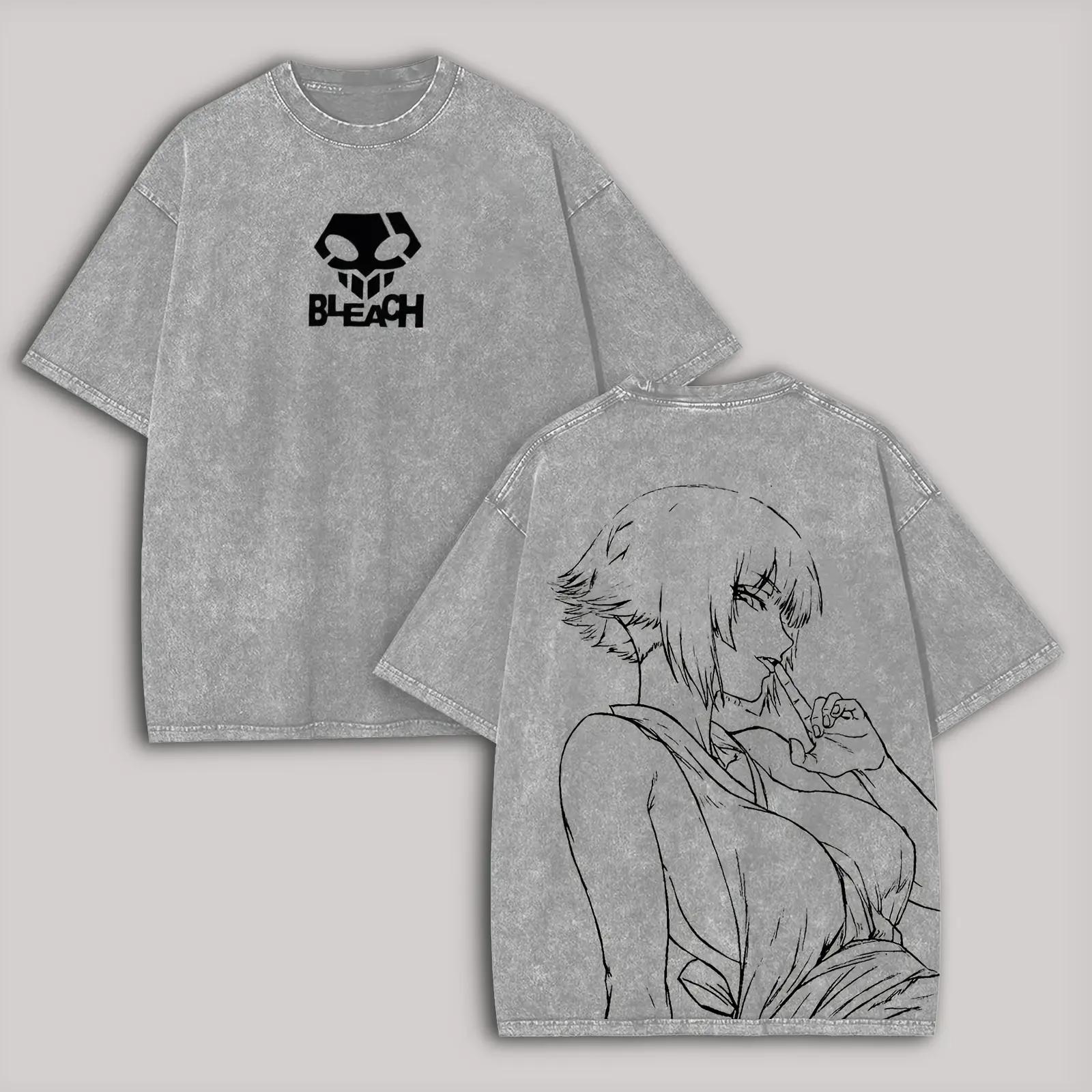 

Soi Fon BLEACH Anime T-shirt Men Women Clothing Vintage Y2k Washed Oversized T Shirt Summer Short Sleeve 100% Cotton Tees Tops S серый