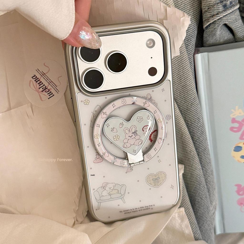 Creative Cartoon Case for iPhone 16/15/13 Pro Max: Magnetic Bracket, Electroplated, Korean Design