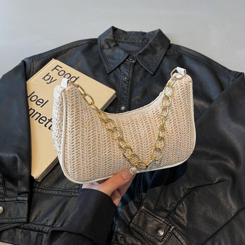 New Moon Bag New Spring Straw Bag Women's Fashion Casual Thick Chain Bag Personalized Shoulder Beach Handbag