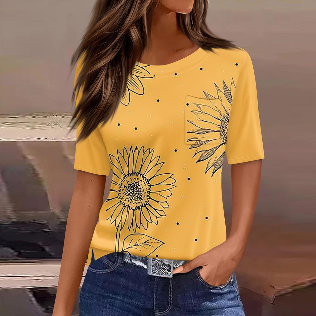 T-skjorter for kvinner Plisserte rundhals Dressy Uformelle bluser Utskrift Kortermet sommeroverdel Loose Fit
