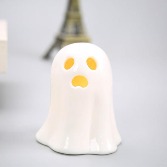 Keramická svítící dekorace duch Malá bílá figurka ducha LED Halloweenský duch Stolní ozdoba pro vnitřní domácí dekoraci