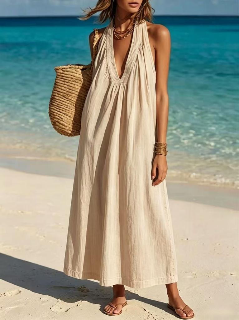 European and American women's clothing cotton and linen V-neck sleeveless long dress vacation wind beach dress