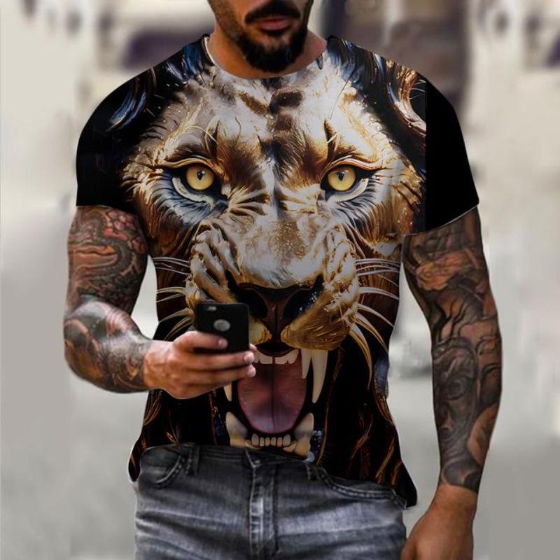 Men's T-shirt 3D lion print T-shirt summer short sleeved streetwear