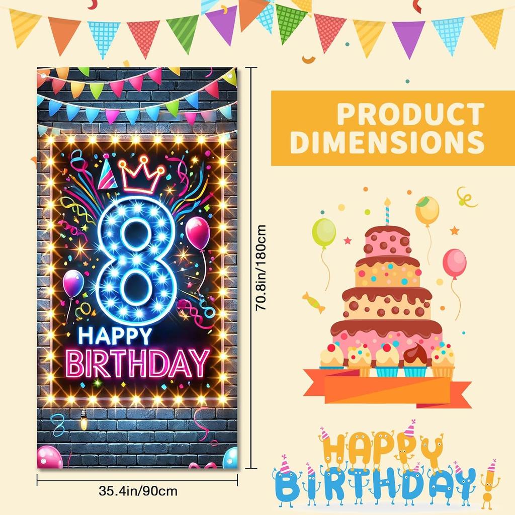 8th Birthday Door Cover 71x35 Inch Neon Glow Birthday Banner for Party Decorations LED Crown Balloon Backdrop Sign for Boys Girls Kids Photo Booth