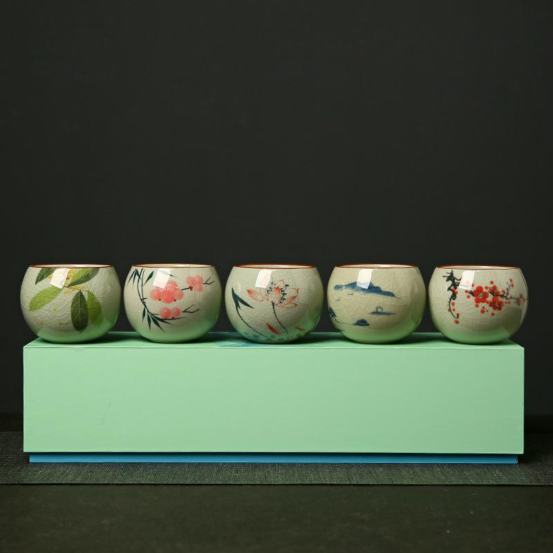 Five Famous Kilns Hand-Painted Underglaze Color Teacups, Tea Tasting Cups, Kung Fu Tea Sets, Small Teacups, Mid-Autumn Festival Gifts For Elders