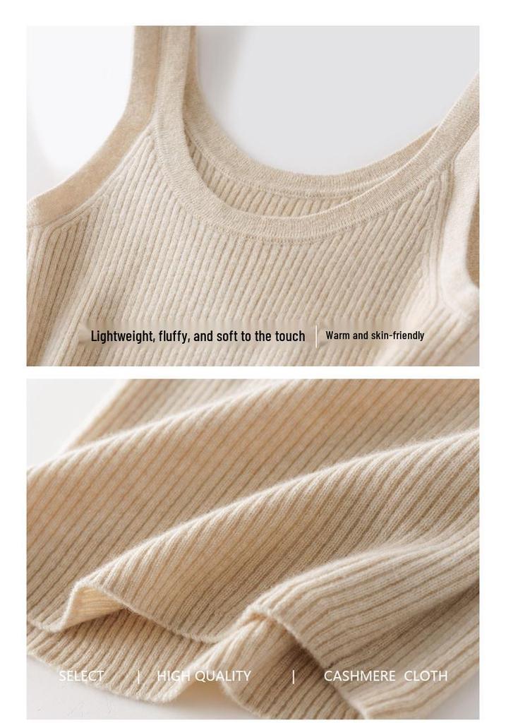 Women's 100% Pure Cashmere Round Neck Ribbed Slim Fit Camisole - Autumn/Winter Innerwear Vest