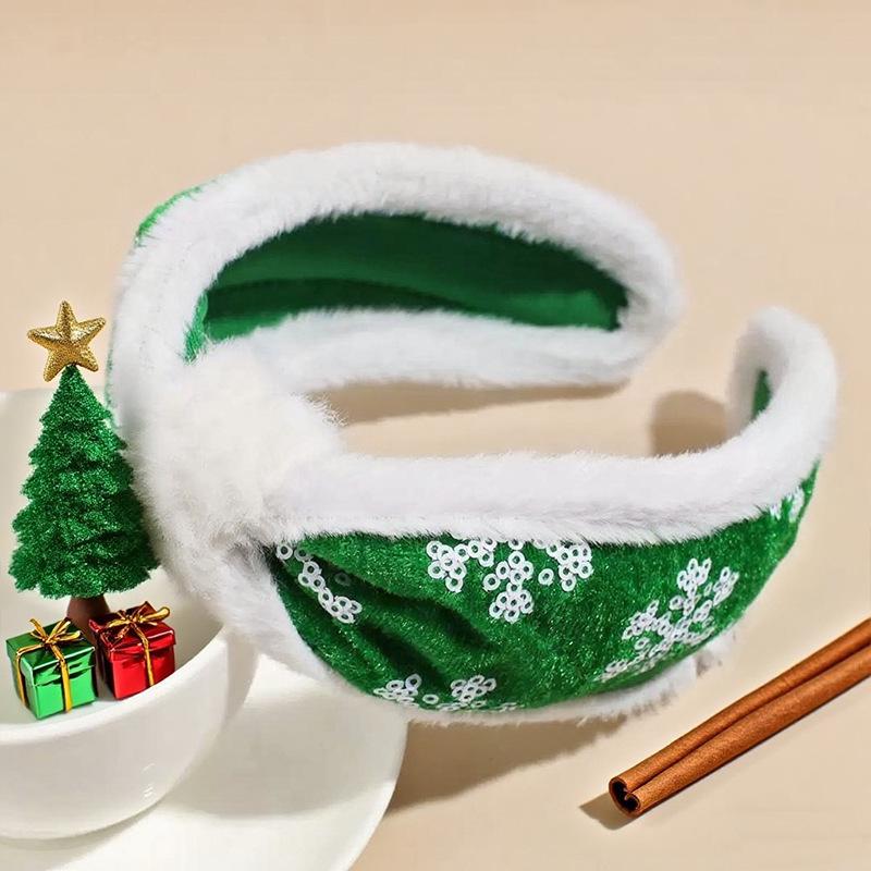 

Элегантная рождественская повязка на голову с плюшевой снежинкой и пайетками зелёный