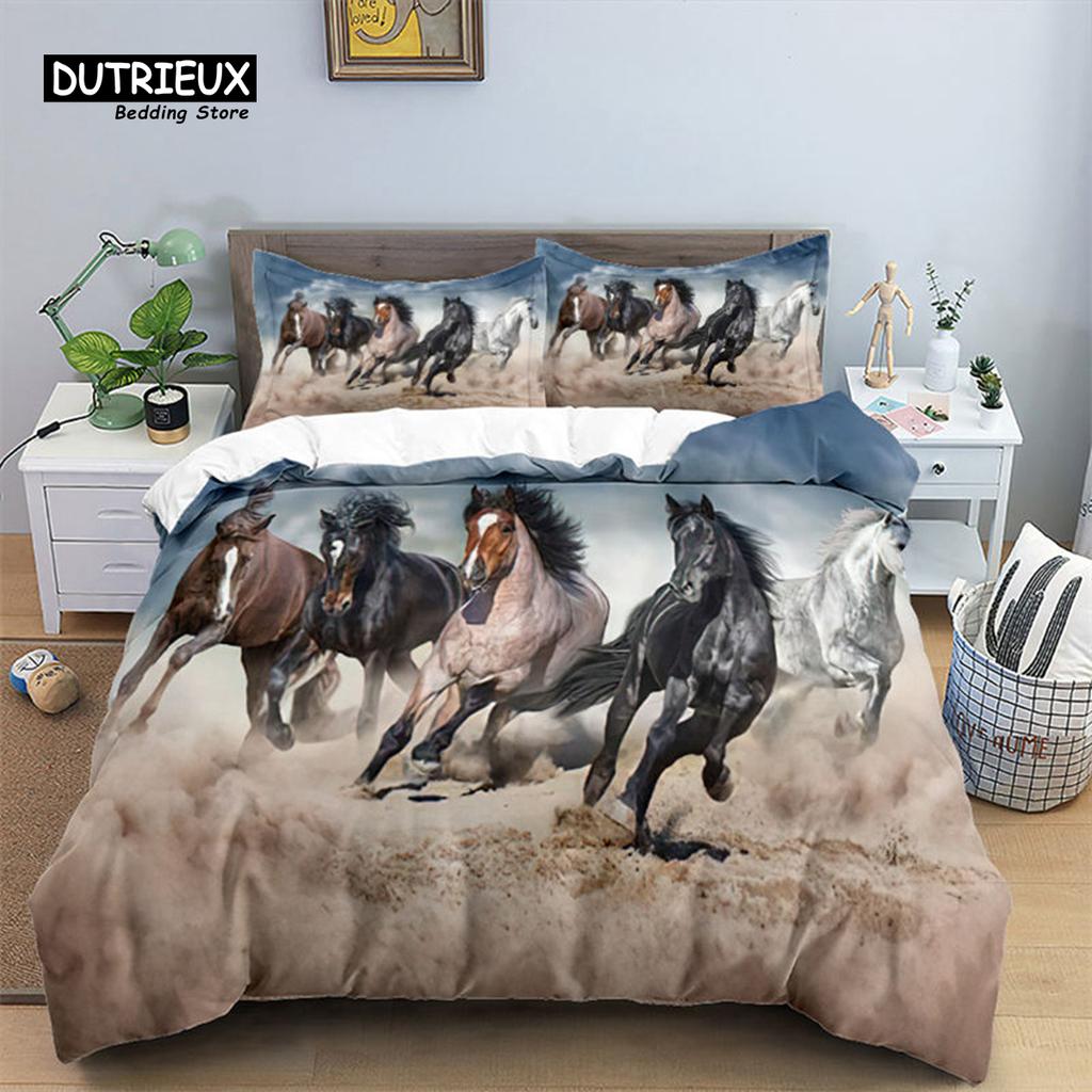 Unicorn Horse Bedding Set 3D Animal Print Duvet Cover Galloping Horse Comforter Cover Queen For Boys Teens Adults Decor Bedroom