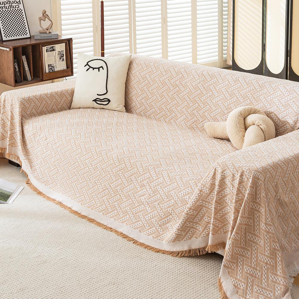 Ins Minimalist Soft Cotton Yarn T-Grid Sofa Throw One-Piece Sofa Mat Machine Washable All-Season Full Coverage Universal Sofa Cover Versatile