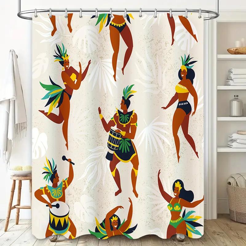 Festive Party Shower Curtain Decor Tiki Island Style with Colorful Dancing Women Pattern for Bathroom Home Decoration