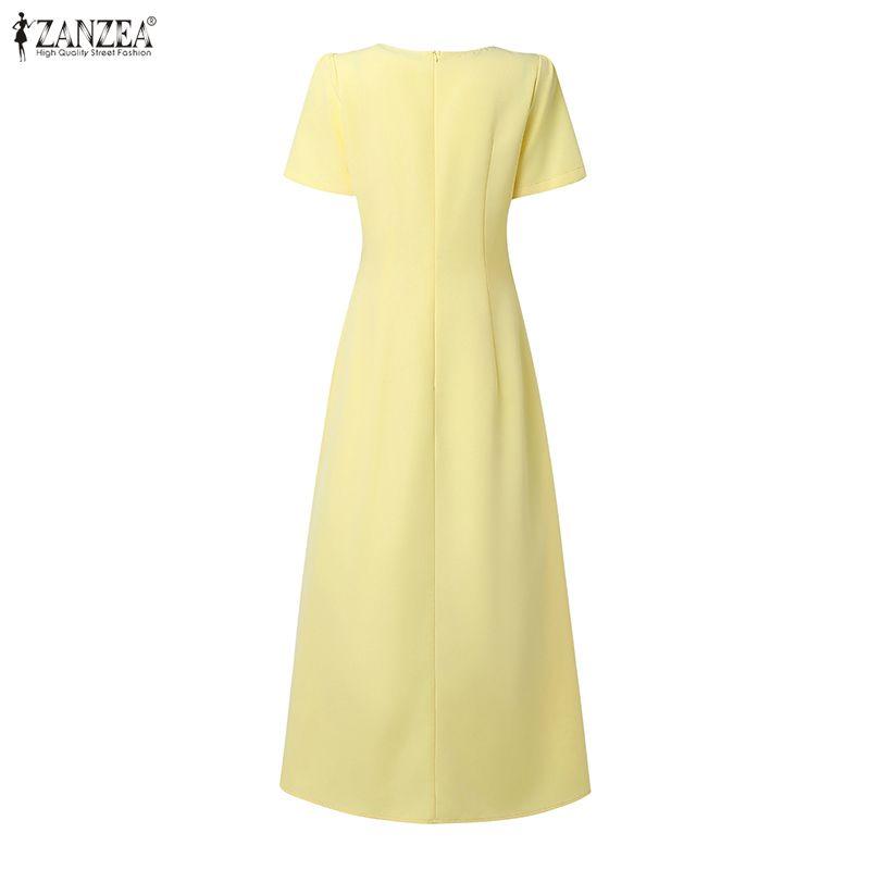ZANZEA Women Elegant Round Neck Casual Short Sleeve Long Dress