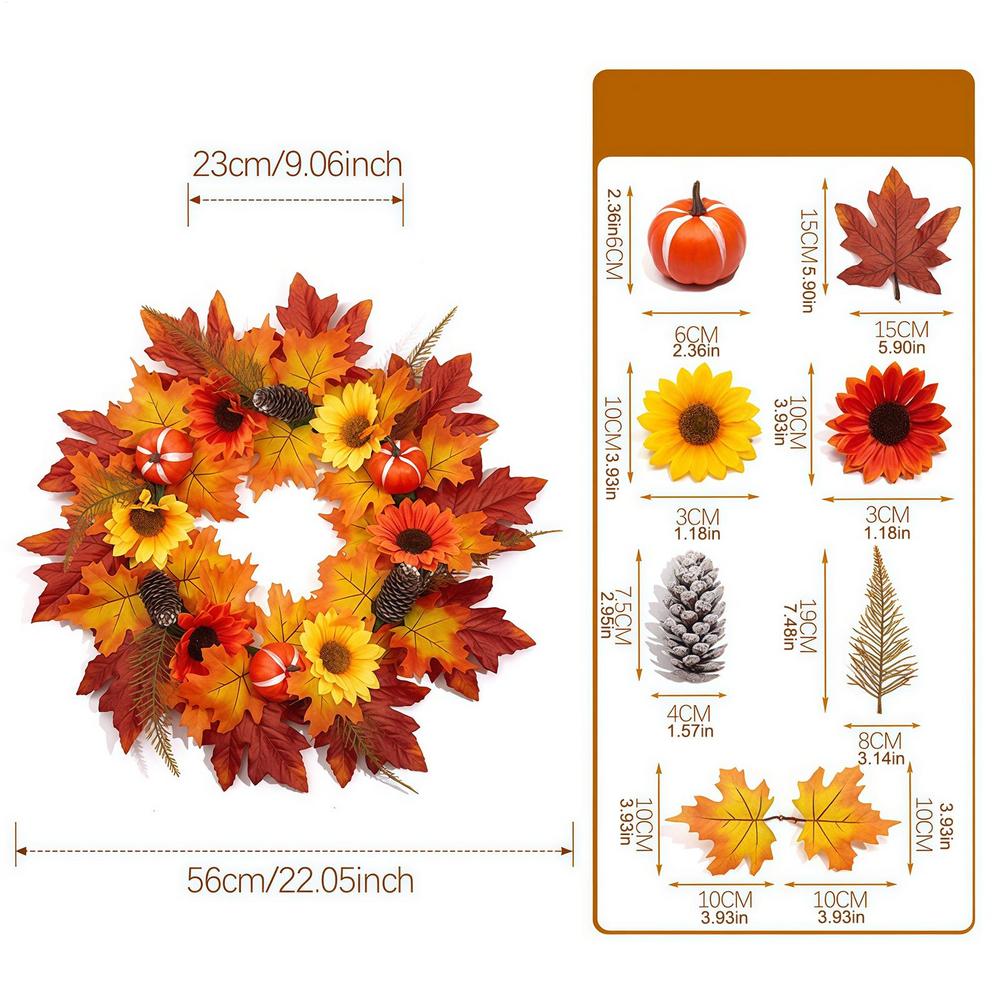 16cm Fall Harvest Halloween Pumpkin Maple Leaves Wreath Autumn Maple Leaves Rustic Style Sunflower Garland Home Decoration