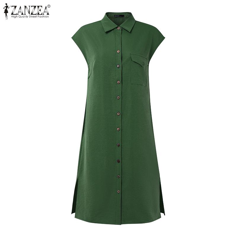ZANZEA Women Turn Down Collar Solid Color Summer Sleeveless Dress